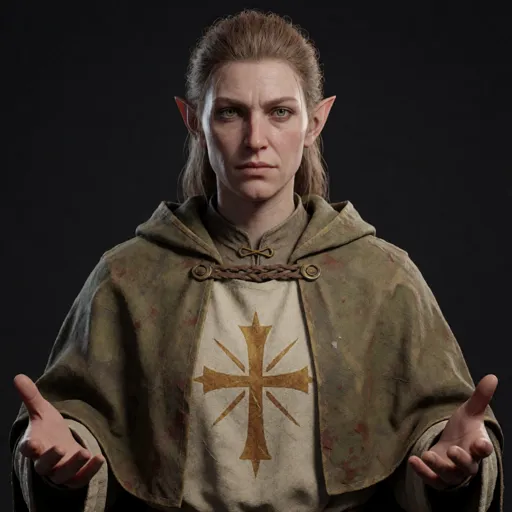 A steady half-elf cleric with faintly pointed ears, hair tied back and blood-flecked field robes over a holy symbol, hands open and unarmed — a battlefield medic who has never once drawn a weapon to kill.