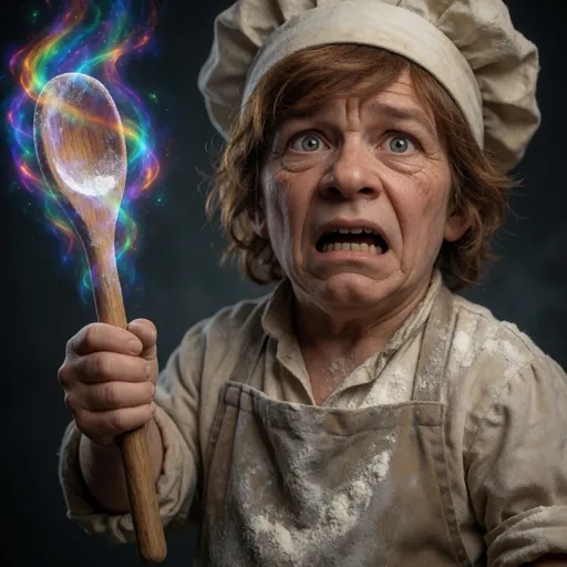 A short halfling would-be chef in a flour-smeared apron with an alarmed, harried look and a realistic, weathered face, brandishing a wooden mixing spoon wreathed in volatile rainbow magic — he baked a glowing mushroom into a pie, ate it, and now wields power he does not understand, his arcane focus a kitchen spoon.