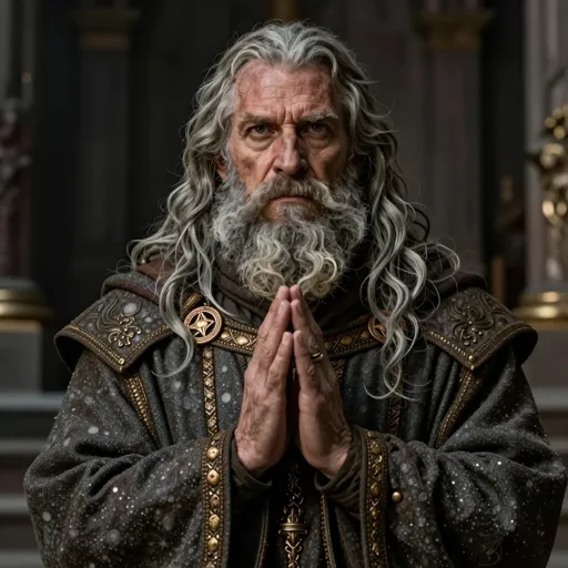 A weathered dwarf cleric with a long grey-streaked beard, weary creased eyes and tarnished holy regalia, hands clasped in stubborn prayer before a dim altar — his god has gone silent, and still he prays, out of stubborn love.