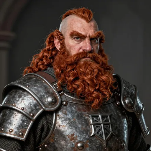 A loyal, barrel-chested dwarf man with a thick braided red beard, in battered steel plate, a steadfast warm expression and his clan emblem on one pauldron — he treats the whole party like family.