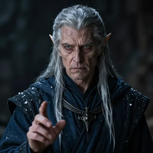 A gaunt, silver-haired elf wizard with pointed ears, haunted pale eyes and salt-stained midnight-blue robes, a faint sorrowful glow at his fingertips — the last survivor of a city swallowed by the sea, hunting the spell that drowned it.