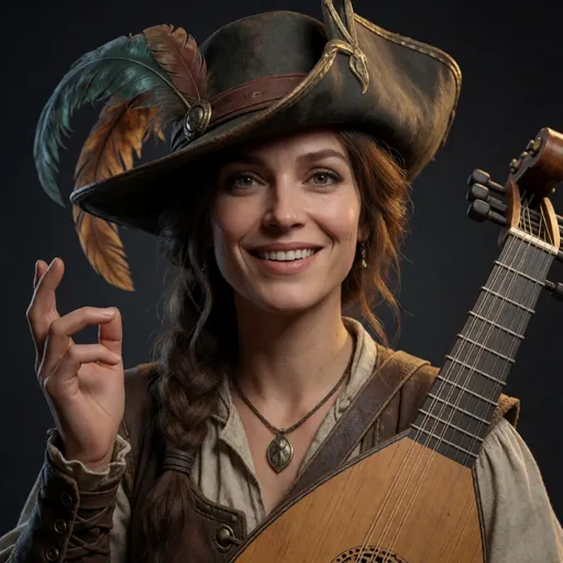 A charismatic human woman bard with a warm, disarming smile, an elegant feathered hat and a lute slung easily over one shoulder, caught mid-gesture as if mid-joke — the party’s face, who would rather talk you out of a fight than into one.