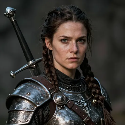 A brave, broad-shouldered human woman with a long dark braid, in dented steel plate, a longsword strapped across her back and kind but unyielding eyes — she lives by one rule: protect the smallest person in the room.