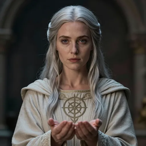 A kind-faced human woman cleric with silvering hair and gentle eyes, a forbidden god’s heretical sigil half-hidden beneath plain robes, offering an open healing hand — outlawed by the temple, yet doing more real good than it ever has.
