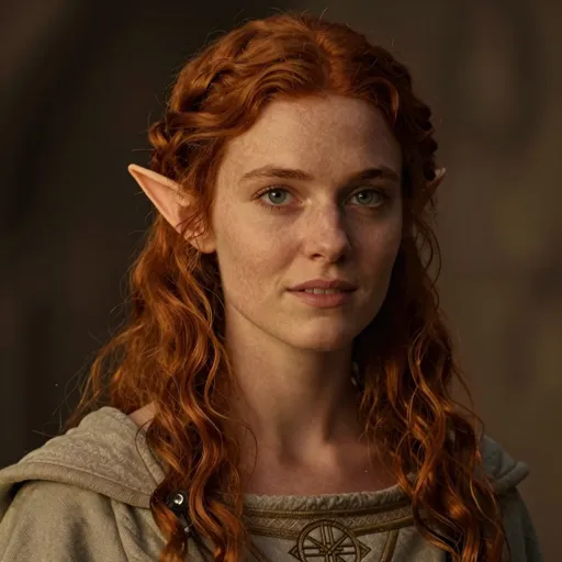 A gentle, slender half-elf woman with wavy auburn hair, faintly pointed ears, in simple robes bearing a holy symbol, her warm face lit by soft golden light — she heals first and asks questions later.
