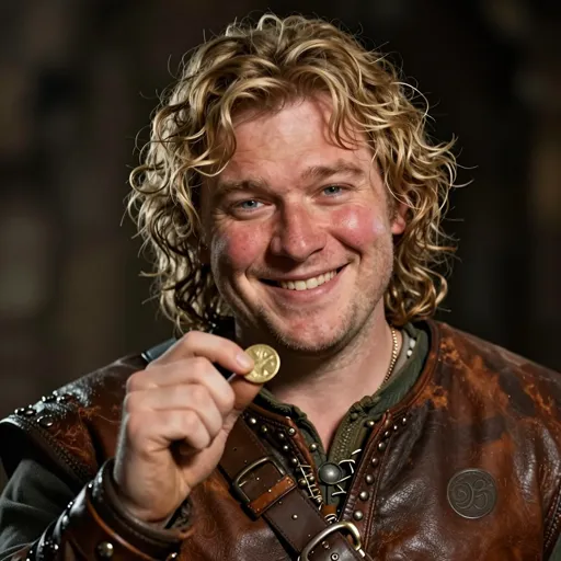 A cheerful, round-cheeked halfling man with a mop of sandy curls, in a worn leather jerkin, a sly grin as he idly flips a gold coin — quick, lucky, and very hard to catch.