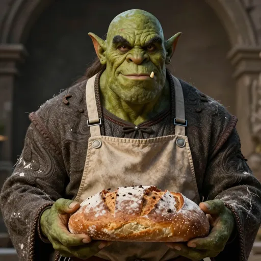 A broad, green-skinned half-orc man with jutting tusks, a gentle smile and a flour-dusted apron over simple priest robes, cradling a fresh loaf — he bakes bread for the village poor at dawn, then heals them by day.