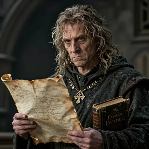 A rumpled human wizard with messy hair and droopy, bored eyes, holding a single dog-eared scroll while a dusty spellbook sags under his other arm — he only ever prepares one spell, because the rest are too much effort.