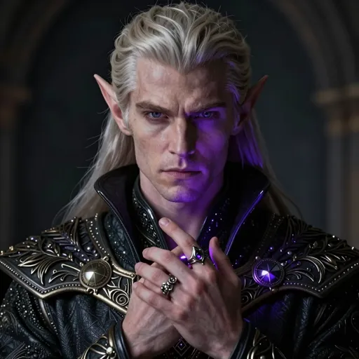 An imperious elf warlock in exquisite noble finery, chin raised and gaze cool, a faint eldritch violet glow about his ringed fingers — he treats the whole party like hired staff, slowly and grudgingly learning they are family.