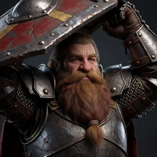 A stout dwarf paladin in heavy battered plate raising a great shield to cover someone just out of frame, jaw set in grim devotion — he treats every battle as an escort mission, diving in front of every blow meant for someone else.