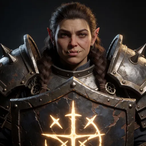 A heavily armoured half-orc woman cleric with small tusks and a weary, patient half-smile, a glowing holy symbol on her broad shield as she plants herself protectively up front — the exhausted team parent, shielding her reckless friends from themselves.
