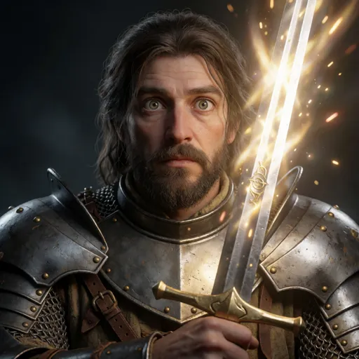 A wide-eyed human peasant in ill-fitting borrowed armour, white-knuckling a glowing holy sword with a terrified grimace as radiant smite-light flares around the blade — a god chose them as champion against their will, and they smite by shutting their eyes and swinging wildly.