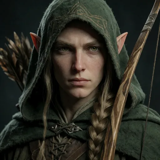 A keen-eyed elf ranger with pointed ears, a long braid and a hooded green cloak, a longbow in hand and a hawk-sharp watchfulness — a bounty hunter who always lets the truly desperate ones slip away.