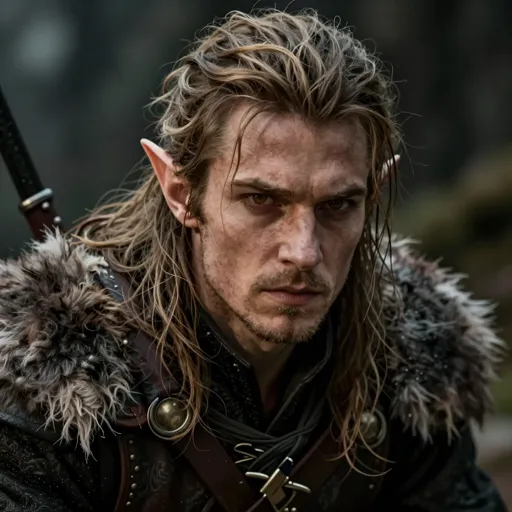 A lean half-elf ranger with faintly pointed ears, tangled wild hair, wary amber eyes and rough furs over leather, crouched and alert — raised by wolves, and only now relearning how to be a person.