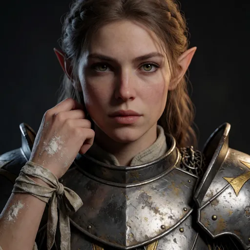 A half-elf woman paladin with faintly pointed ears in well-worn holy plate, a flour-dusted ribbon tied around one wrist and a fiercely protective set to her jaw — her oath sworn not to a god but to the baker who raised her, every monster slain to keep one ordinary person safe.