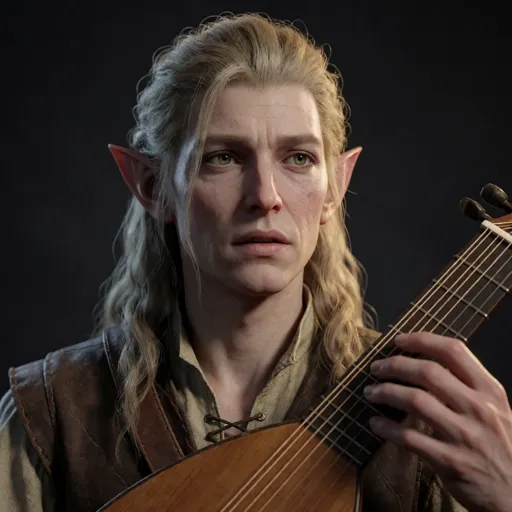 A half-elf bard with faintly pointed ears, oddly smooth half-formed features and an uncertain, searching expression, a lute held a little awkwardly — amnesiac and faceless, mimicking whoever they speak to, assembling a self from the people they admire.