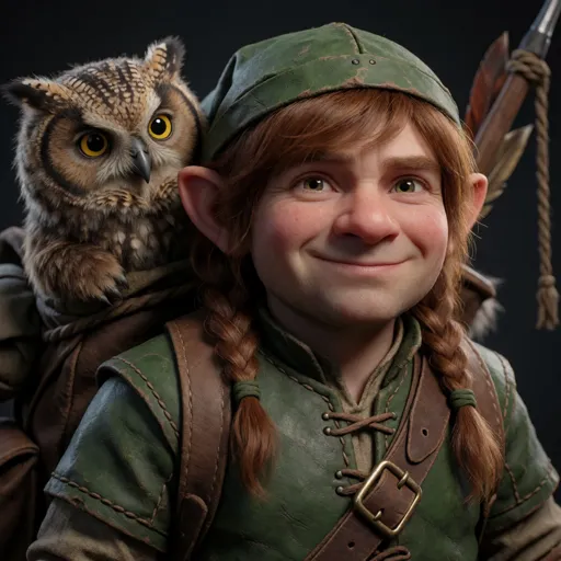 A small halfling ranger in green leathers with a soft, exasperated smile, a fuzzy orphaned owlbear cub (owl-feathered head, little bear body) peeking from his overstuffed pack — he only adventures to afford feeding the very hungry, very illegal pet.