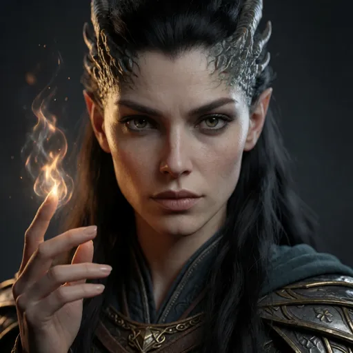 A sharp-featured human sorcerer with dark hair and faint dragon-like scales at her temples, a flicker of barely-leashed magic at her fingertips — draconic-blooded, and her power flares uncontrollably whenever she tells a lie.