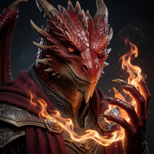 A lean dragonborn sorcerer with sleek crimson scales, a sharp draconic snout and eyes alight, crackling arcane fire spiralling around one clawed hand — the striker, who likes to end the fight in the very first round.