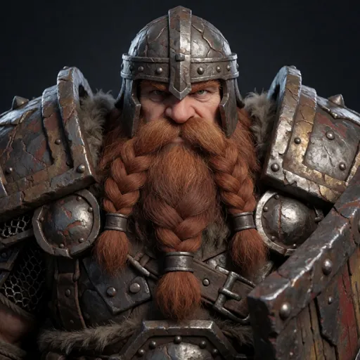A broad, immovable dwarf barbarian with a thick braided beard, battered heavy armour and a vast shield braced, planted with a daring grin — the tank, who jams himself in the doorway and dares them to come through.