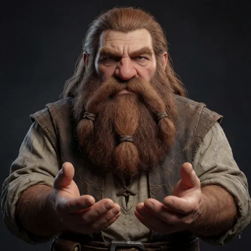 A gruff dwarf cleric with a thick beard, a skeptical scowl and rolled-up sleeves, healing light blazing from bare hands with no holy symbol in sight — he flatly refuses to believe in gods (just wizards with good PR) and heals on sheer stubborn willpower.