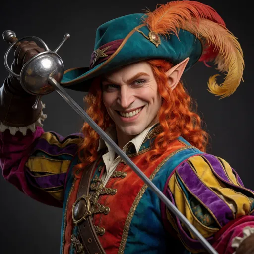 A flamboyant elf rogue with pointed ears in a brilliantly coloured doublet and plumed hat, mid-flourish with a rapier and a theatrical grin — no shadows, no sneaking: a loud, brightly dressed duelist who announces every single entrance.