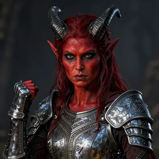 A tiefling woman with deep red crimson skin and curved black horns, a fierce, conflicted gaze, in gleaming holy plate etched with sacred runes, one gauntleted fist clenched — sworn to redeem the infernal bloodline she was born into.