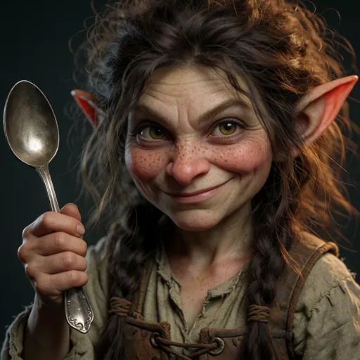 A sly gnome woman rogue, small with pointed ears, a weathered, characterful freckled face and wild hair, pockets overflowing with shiny worthless junk as she proudly holds up a bent spoon — she steals only useless things, and treasures the collection like the crown jewels.
